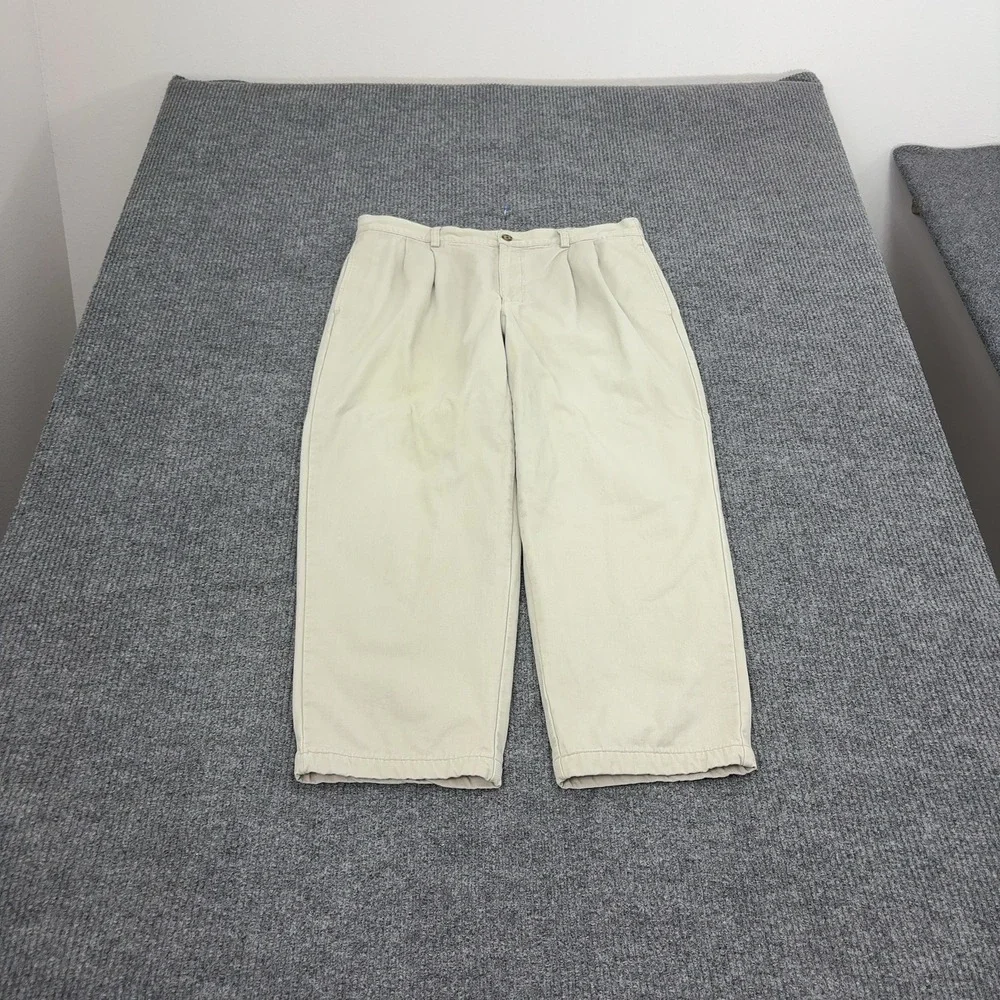 LL Bean Pants Mens 36 Khaki Cotton Flannel Lined Pleated Comfort Waist Casual